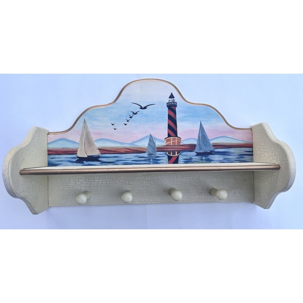 Vintage Warren Kimble Inspired Lighthouse Nautical Wooden Wall Shelf Coastal